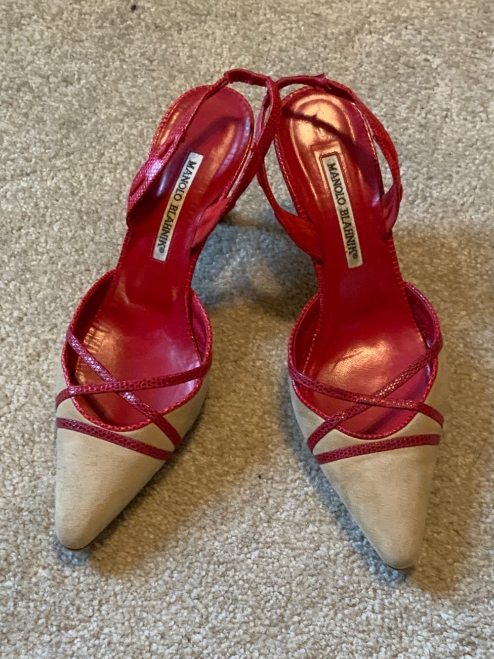 Manolo Blahnik Red and Beige Pointed Toe Strappy Slingback Heels